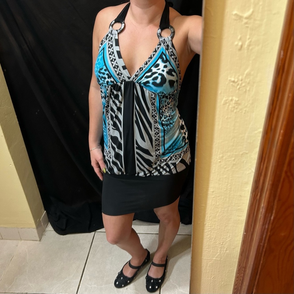 Y2K Women's Small Halter Top Mini Dress Electric Blue/Black Animal Print